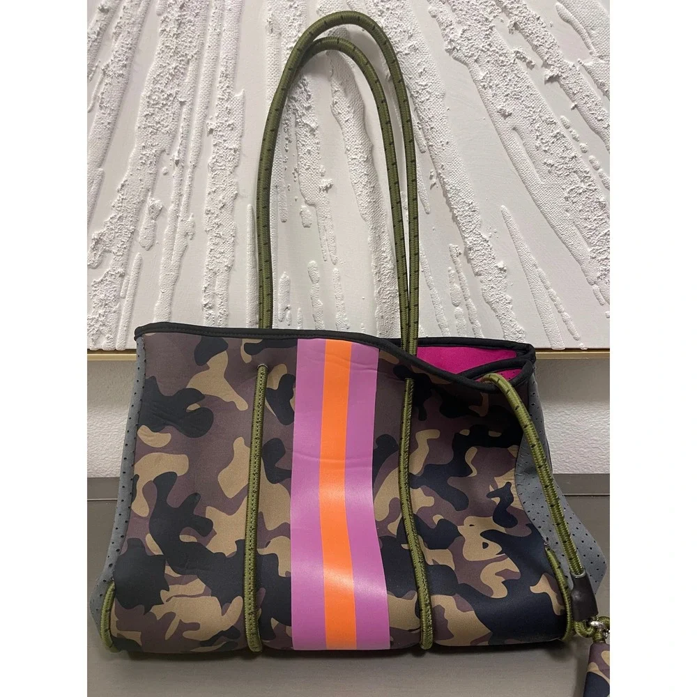 Camo Neoprene Tote Bag Carry On, Travel Gym Bag Pink Orange with Pouch Large